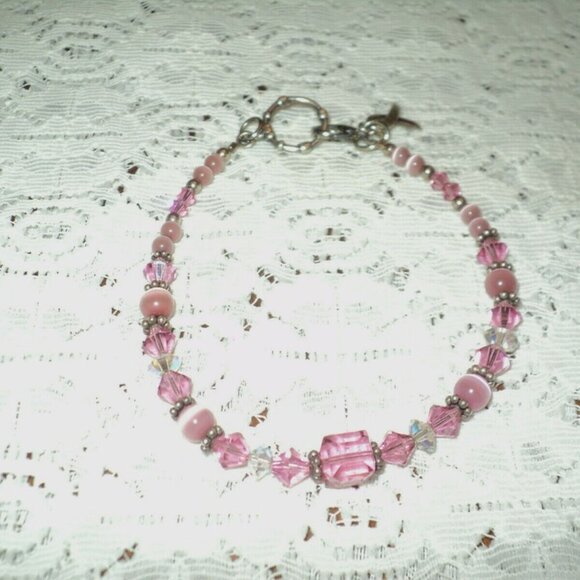 Breast Cancer Bracelet Pink Beads & Crystals .925 Sterling Silver BC Ribbon 7.5" - Picture 3 of 4